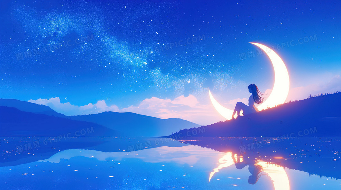 蓝色夜空坐月亮的女孩背景