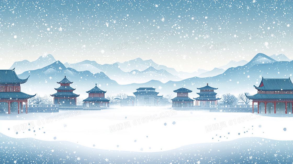 冬季飘落的雪花古建筑景色背景