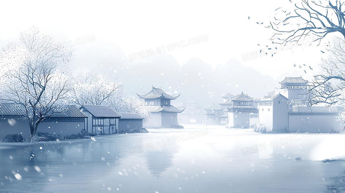 唯美村庄下雪景色房屋建筑创意背景