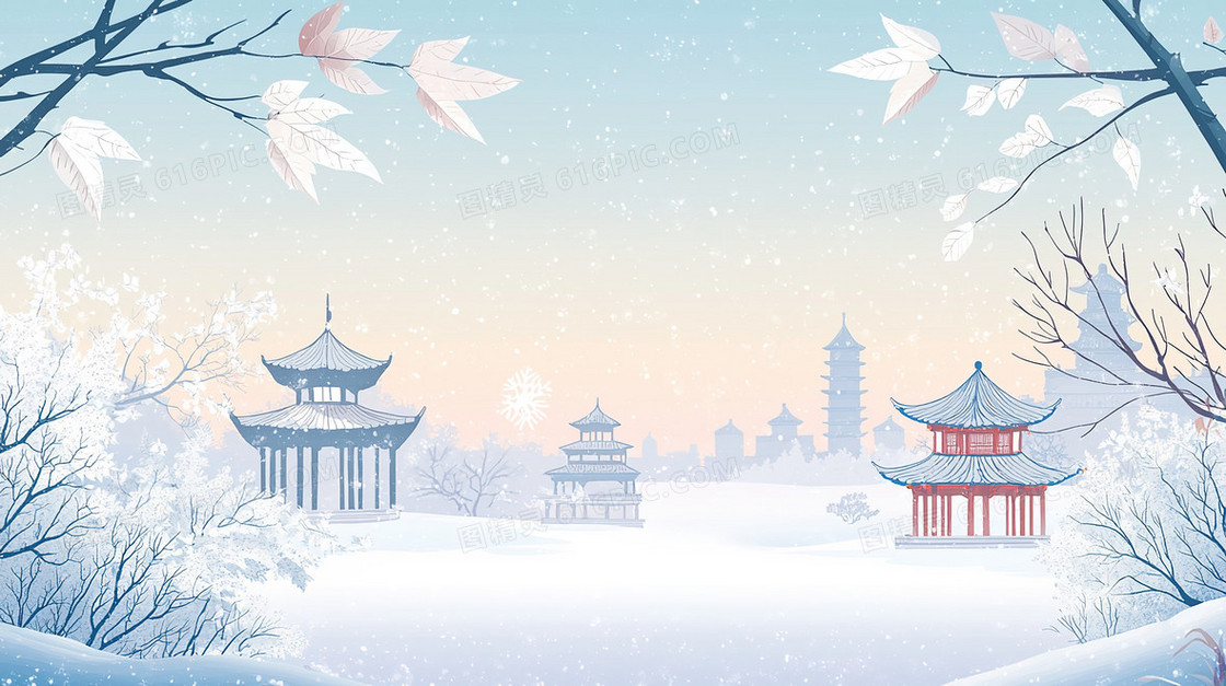 雪地里的建筑亭子创意背景