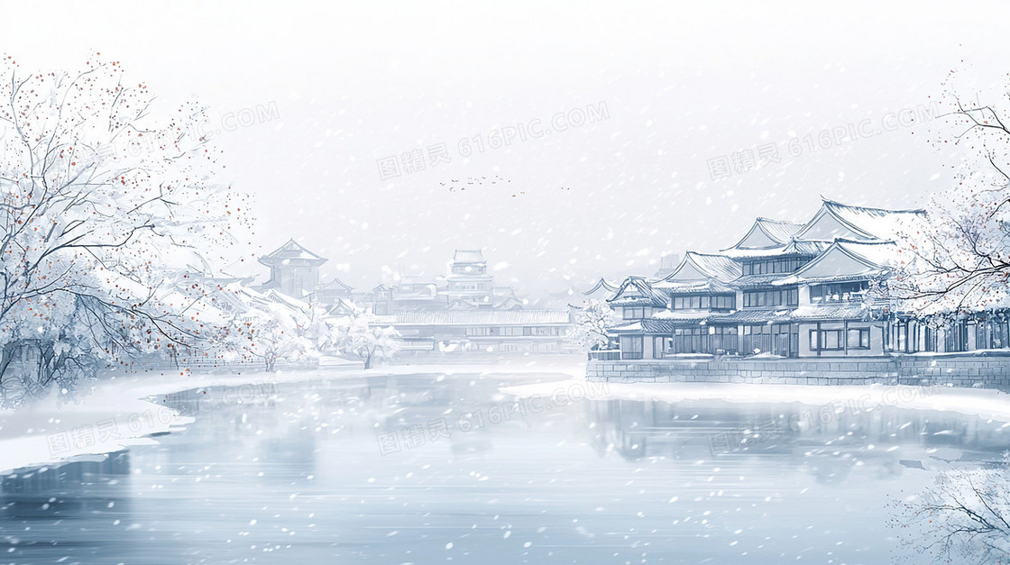 唯美村庄下雪景色房屋建筑创意背景