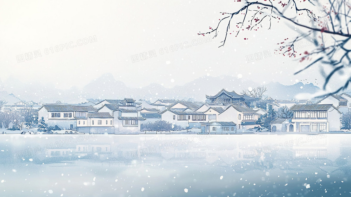 唯美村庄下雪景色房屋建筑创意背景