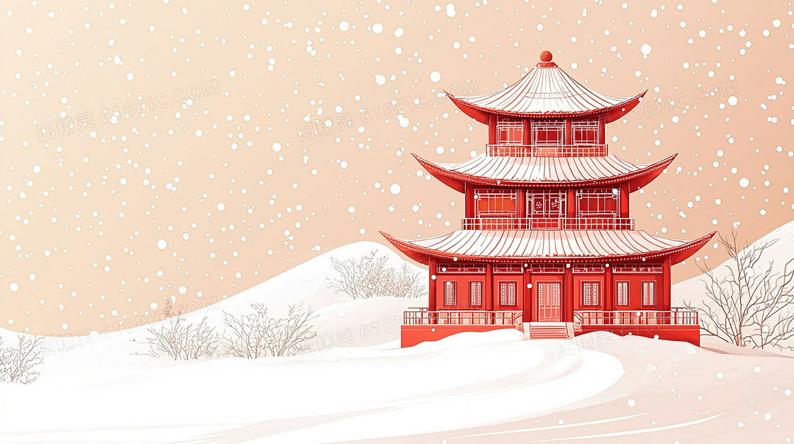 雪地里的建筑亭子创意背景