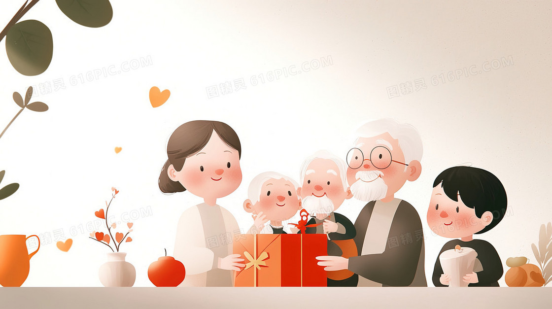 春节走亲友送礼物的一家人插画