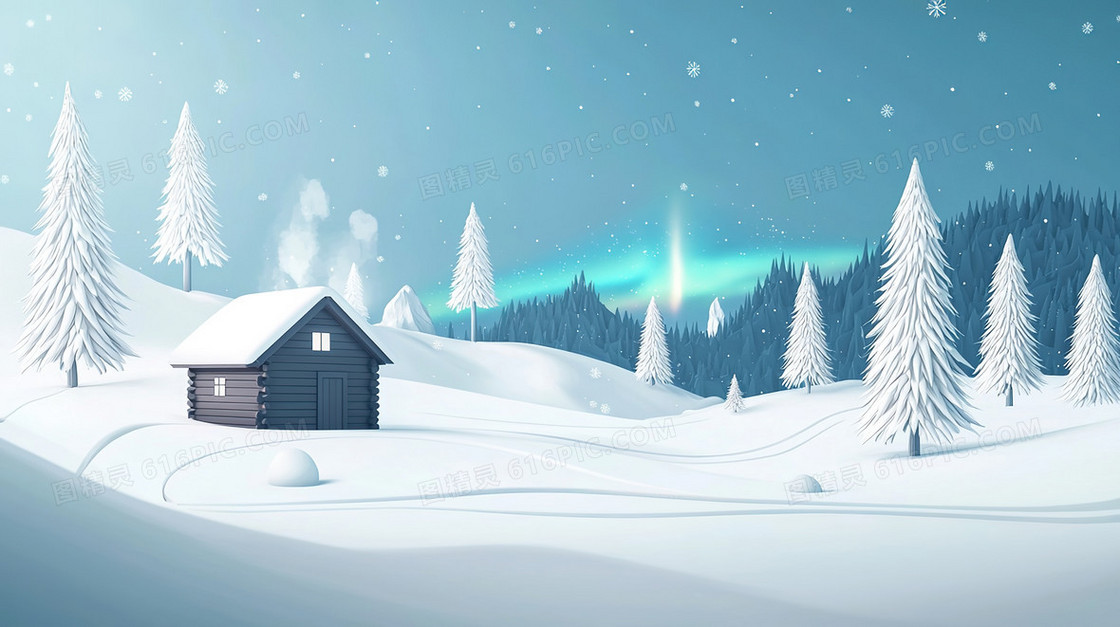 冬季乡村房屋雪地积雪树木背景