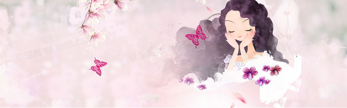卡通女生粉色蝴蝶桃花女生节banner