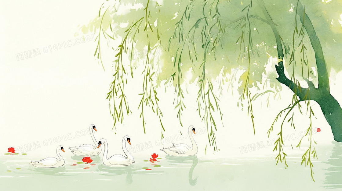 清新简白鹅戏水背景