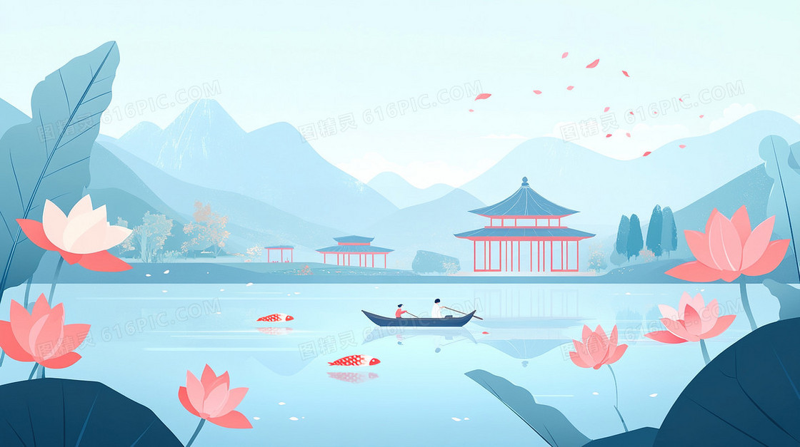 荷花中国风建筑文艺楼房背景