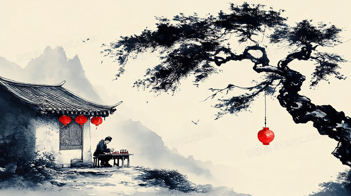 手绘风格农村小土房背景