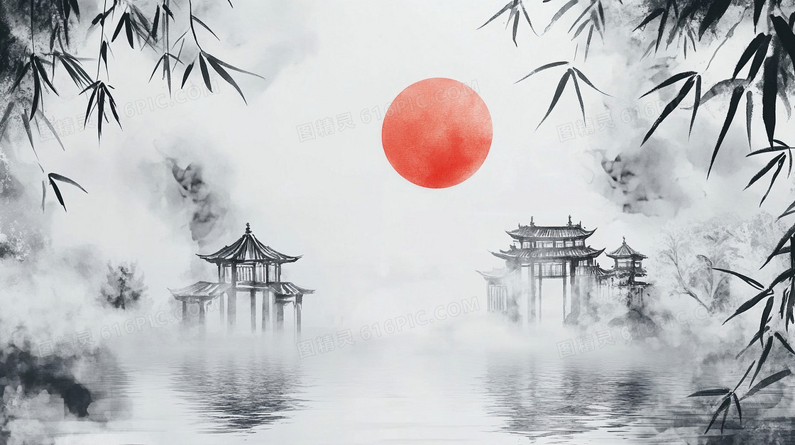 中国风水墨建筑文艺楼房背景