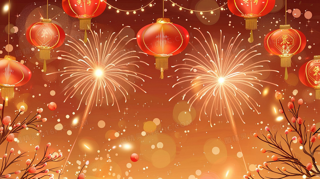 卡通新年装饰灯笼烟花背景