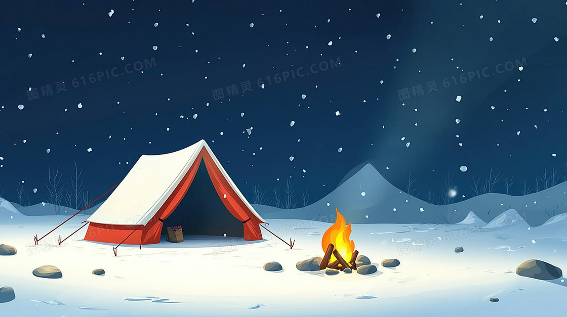 下雪冬季露营帐篷火堆背景