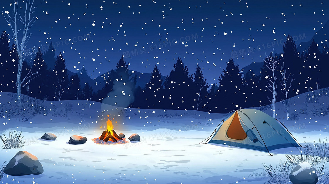 下雪冬季露营帐篷火堆背景