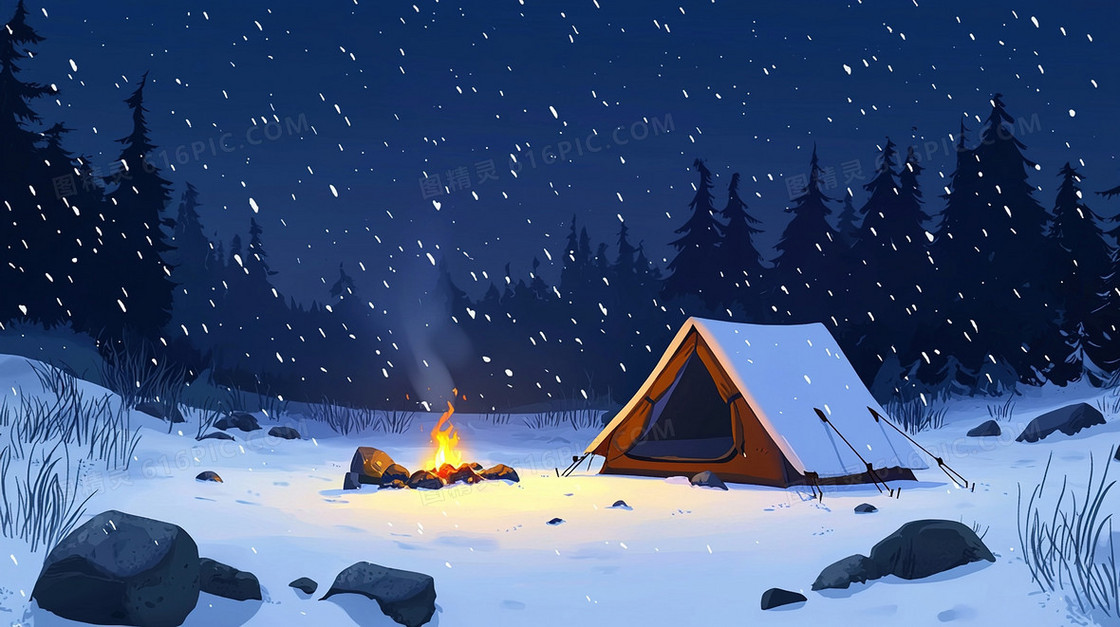 下雪冬季露营帐篷火堆背景