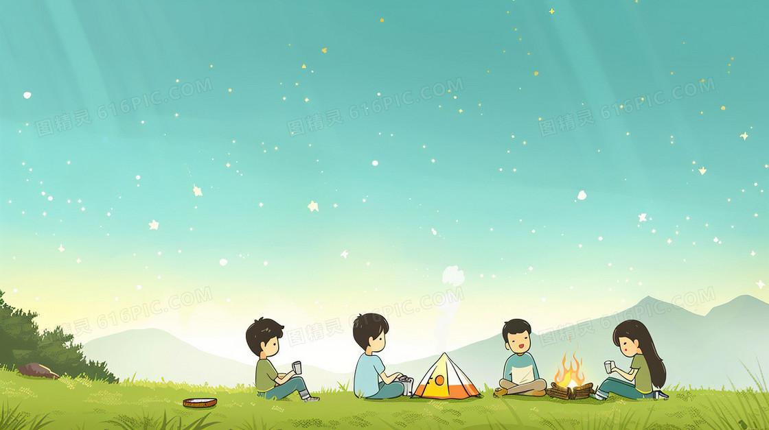 卡通人物露营背景