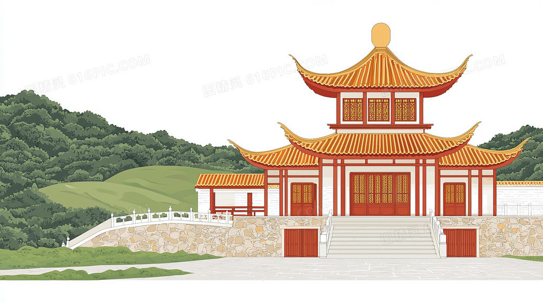 卡通古建筑树木创意背景