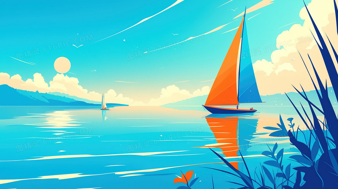 天空云层湖面帆船创意背景