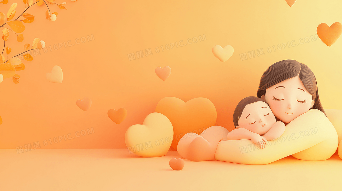 3D妈妈哄睡孩子橙色手绘背景