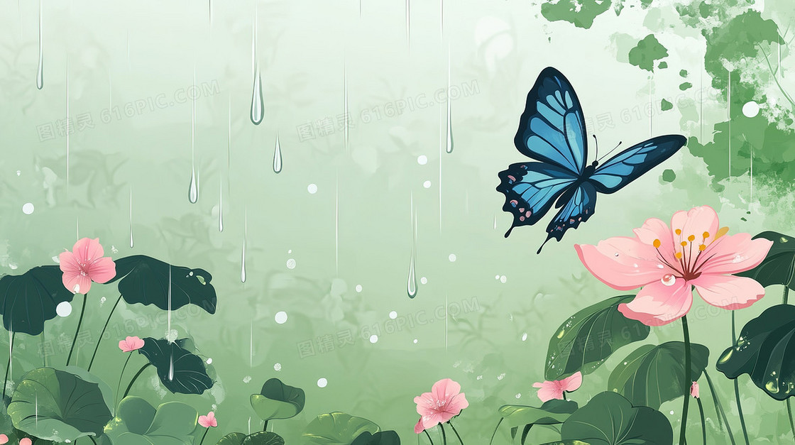 雨中蝴蝶与花背景