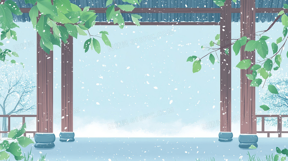 雪中古代庭院背景
