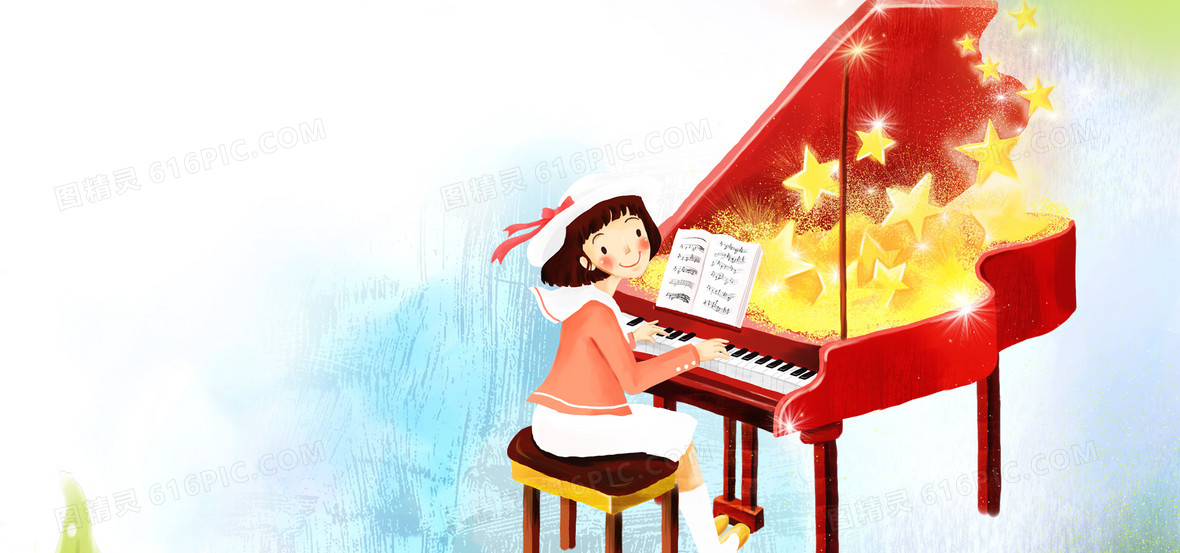唯美大气钢琴海报banner童趣手绘 图精灵为您提供小女孩弹钢琴免费