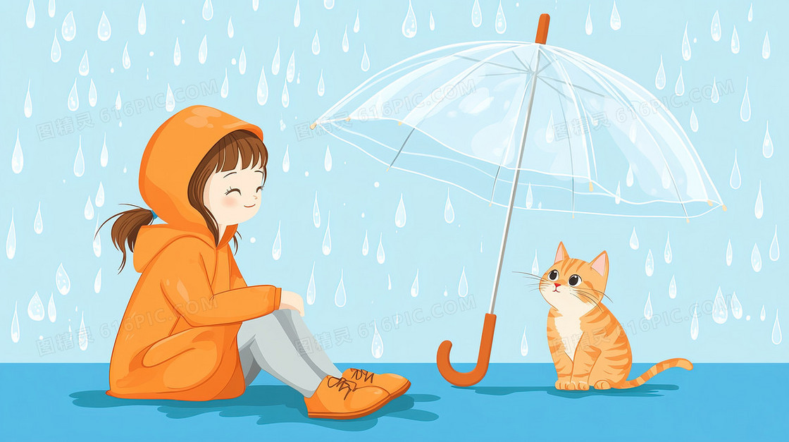雨中女孩与猫背景
