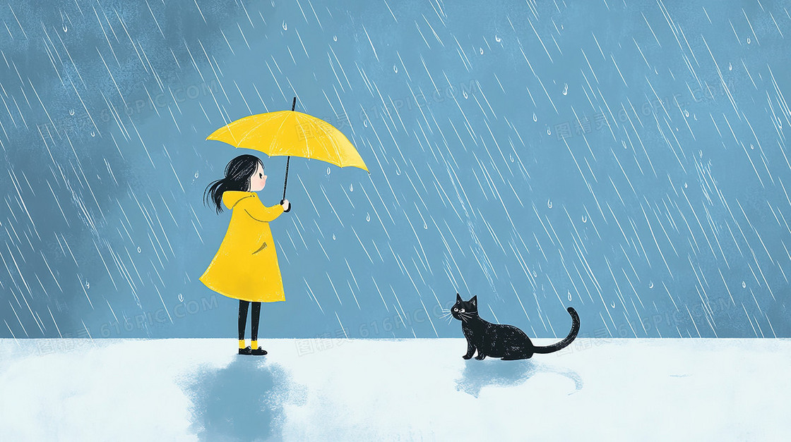 雨中女孩与猫背景