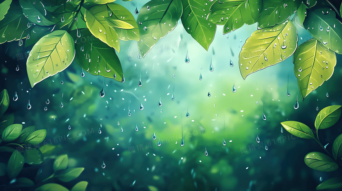 树叶雨水节气下雨背景