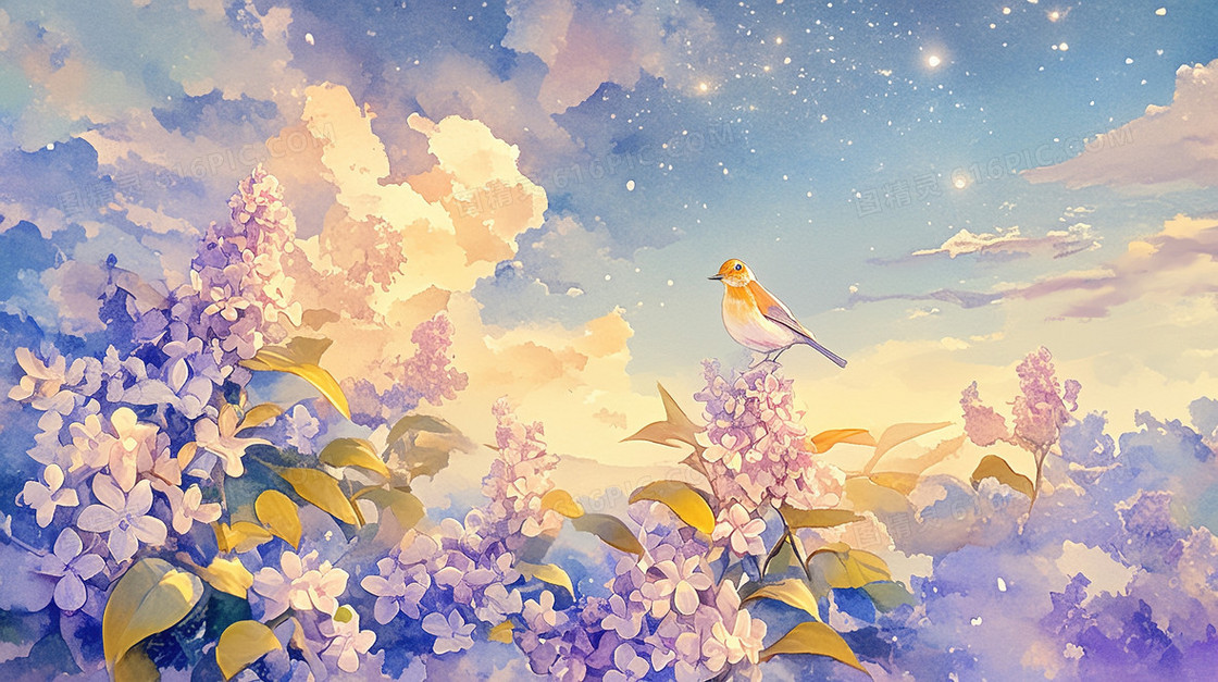 紫色唯美花卉天空云层水彩背景
