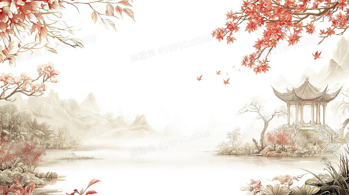 中国风大自然树木古建筑背景
