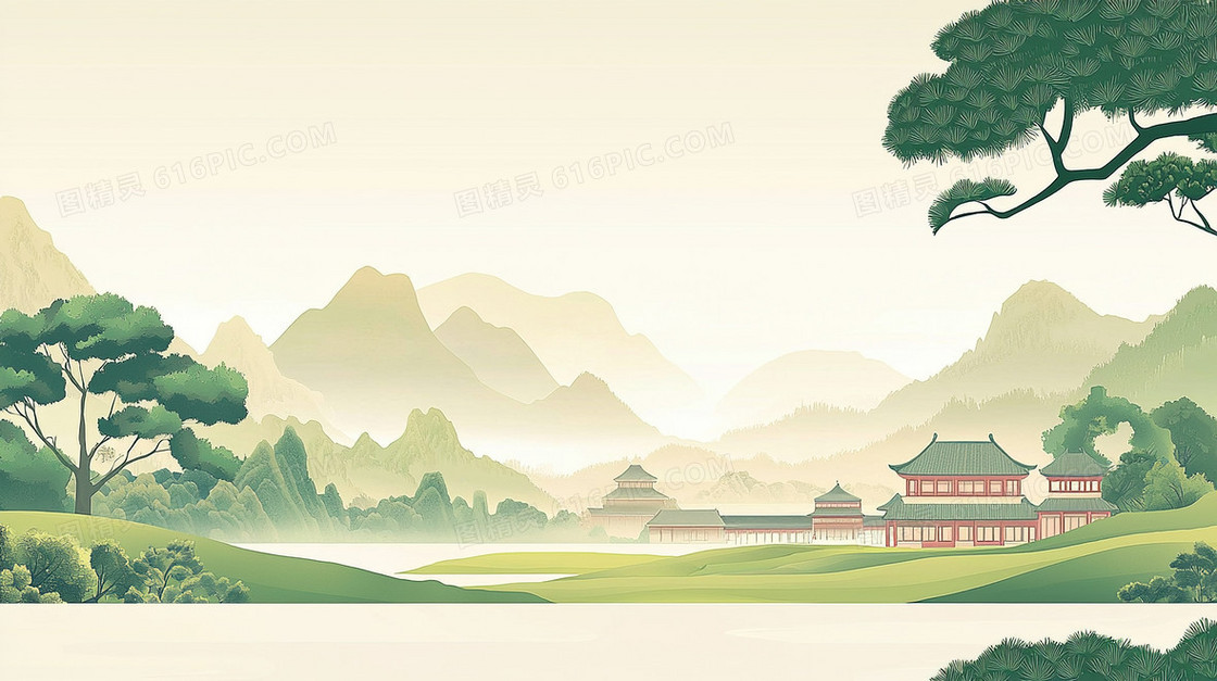 卡通大自然树木古建筑背景