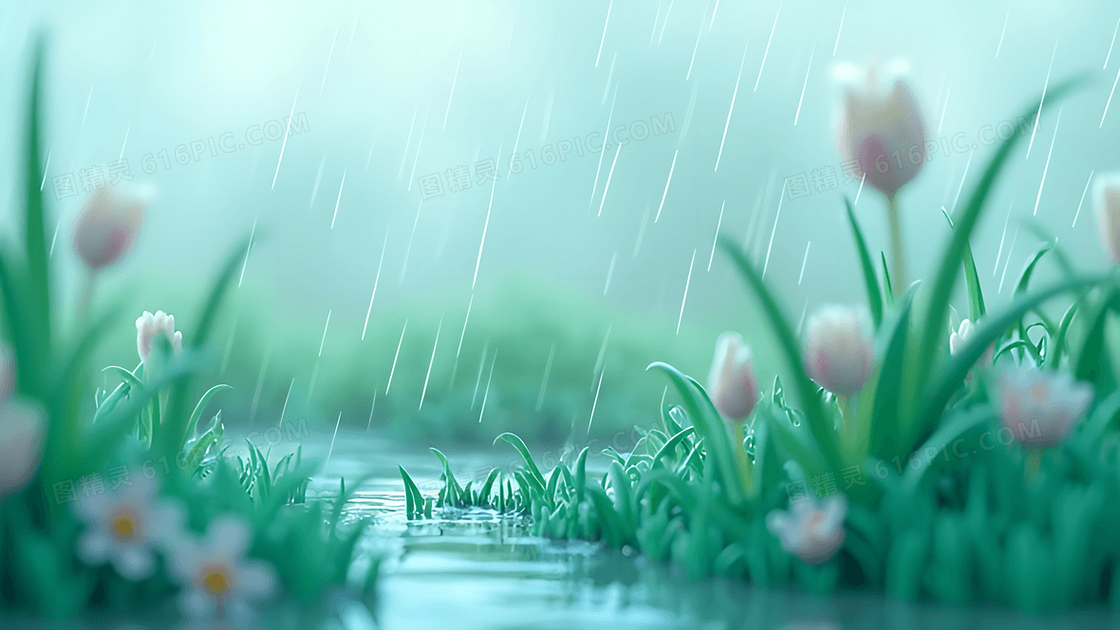 雨天水流旁的鲜花背景
