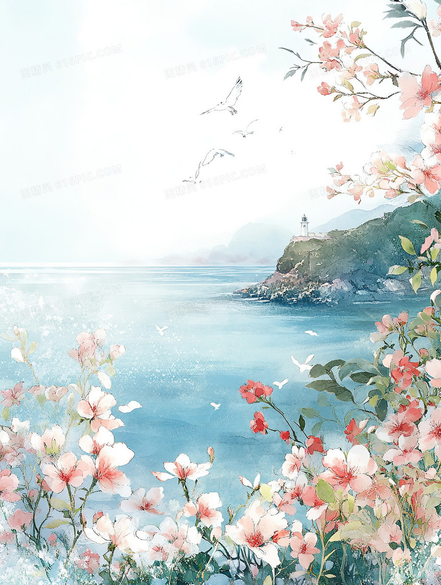 水彩风海边鲜花背景