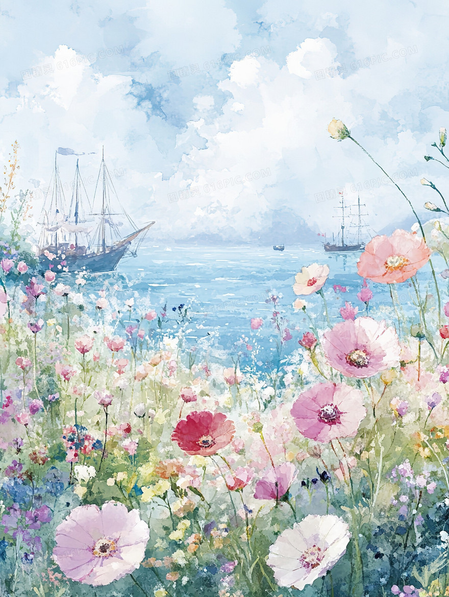 水彩风海边鲜花背景