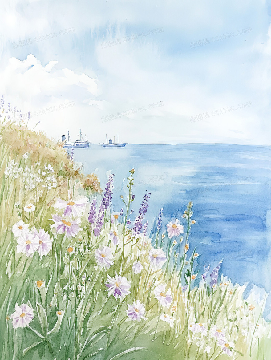 水彩风海边鲜花背景