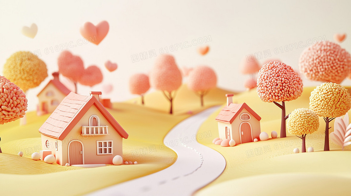 乡村房屋道路景色卡通背景