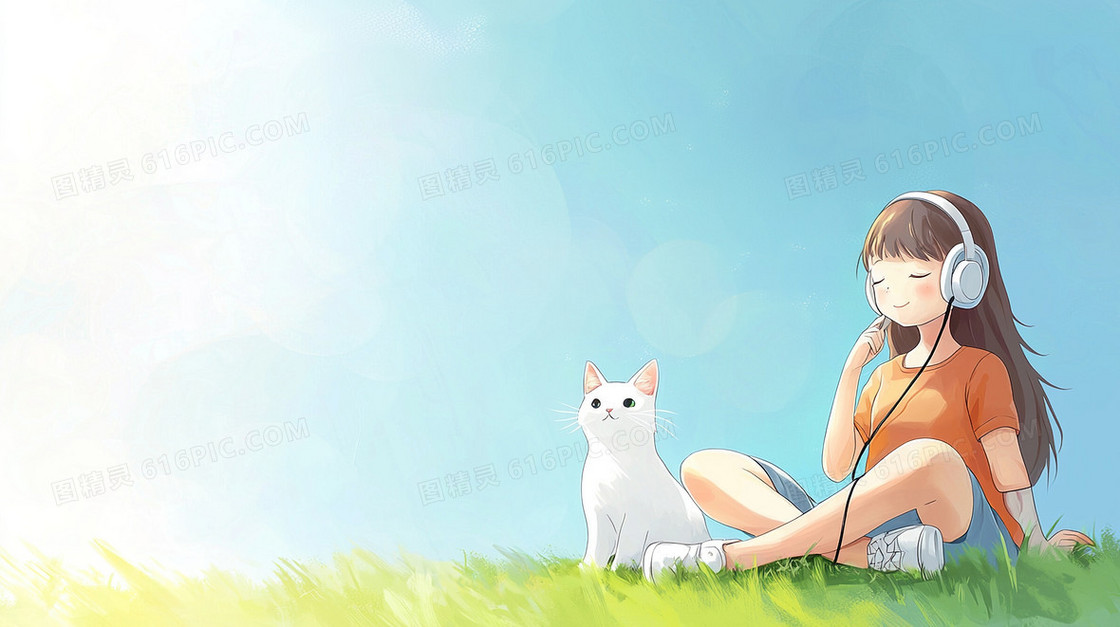 坐草地戴耳机听音乐女孩和宠物猫背景