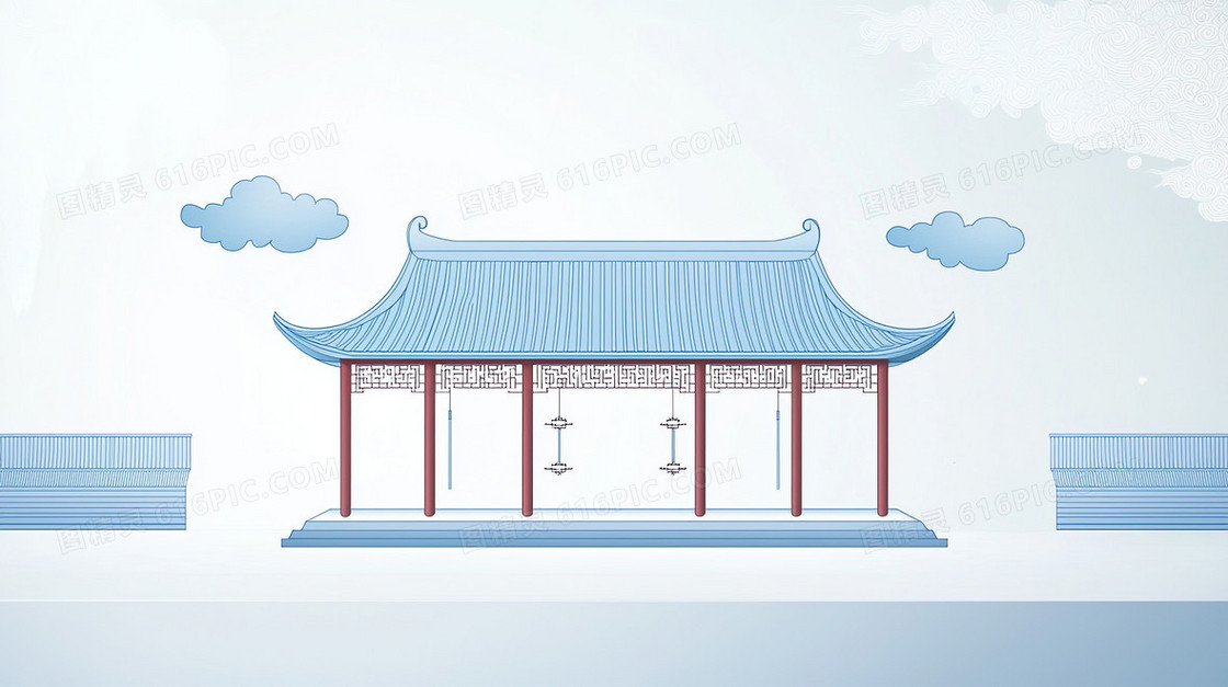 蓝色中式建筑云层背景