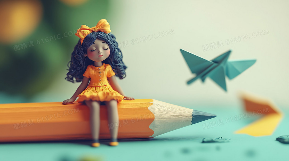 3D风格小女孩在铅笔上坐着的背景