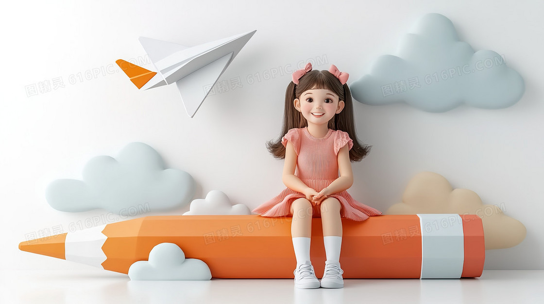 3D风格小女孩在铅笔上坐着的背景