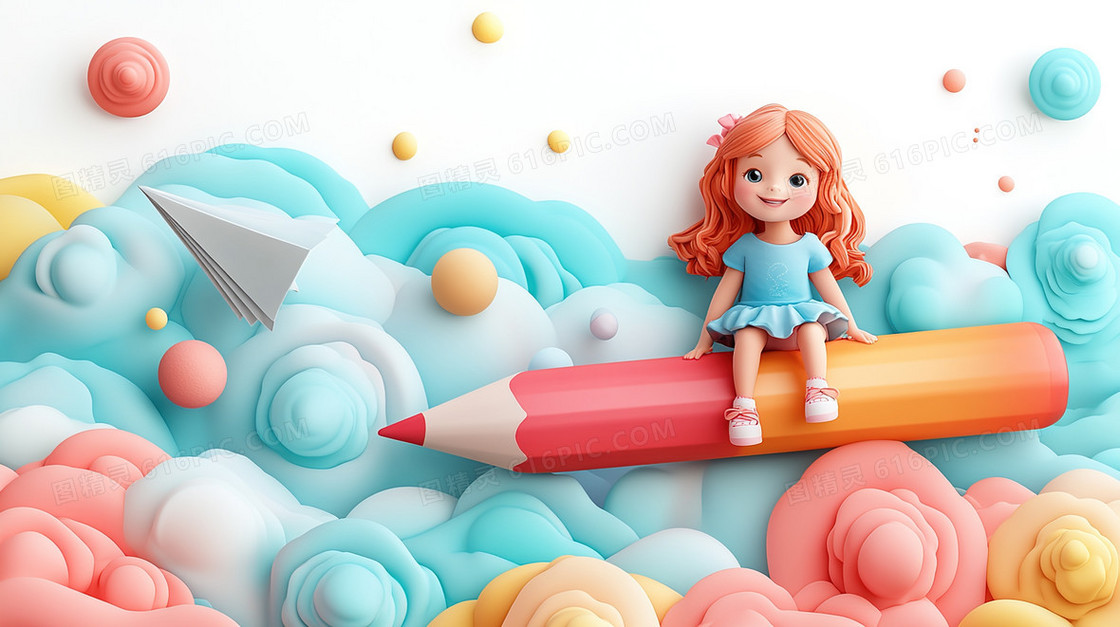 3D风格小女孩在铅笔上坐着的背景