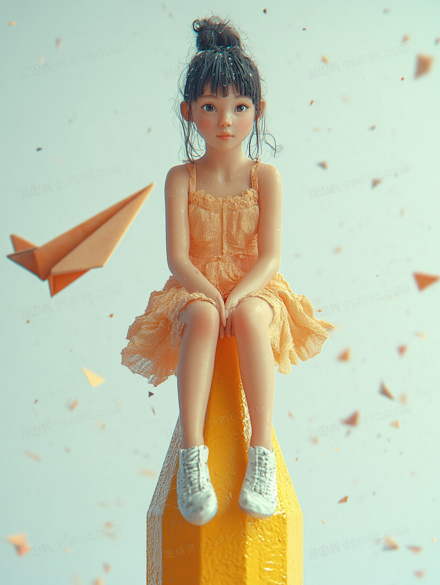 3D风格小女孩在铅笔上坐着的背景