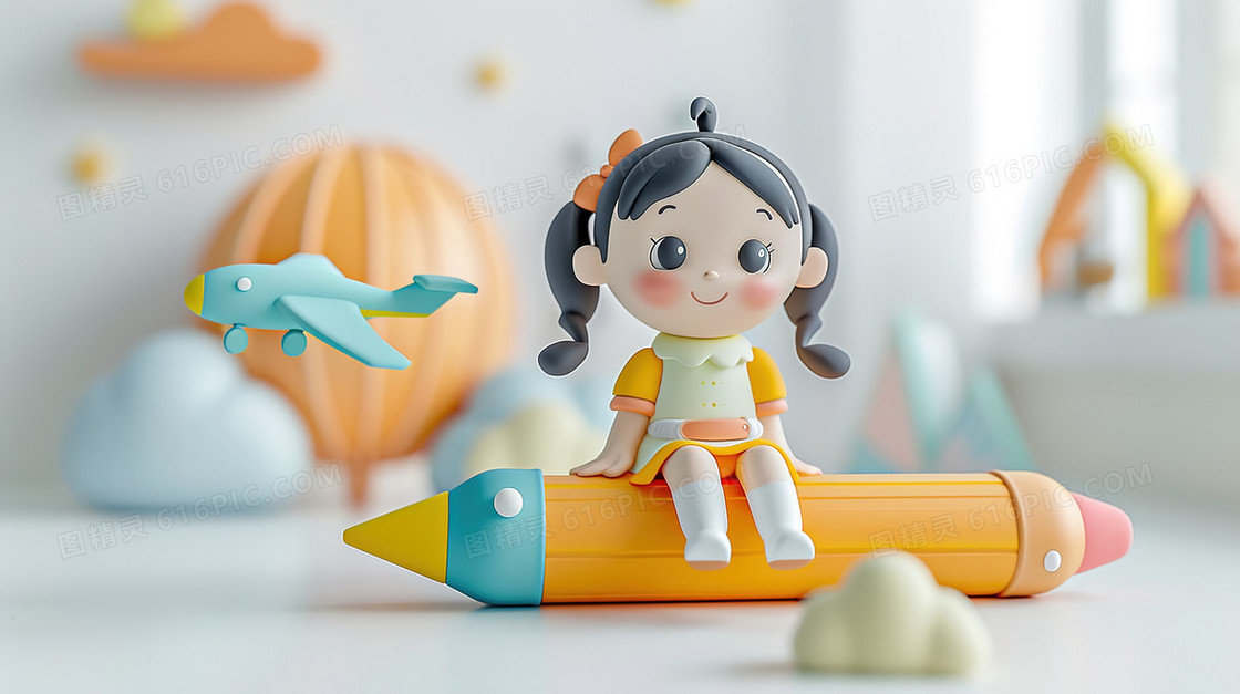 3D风格小女孩在铅笔上坐着的背景
