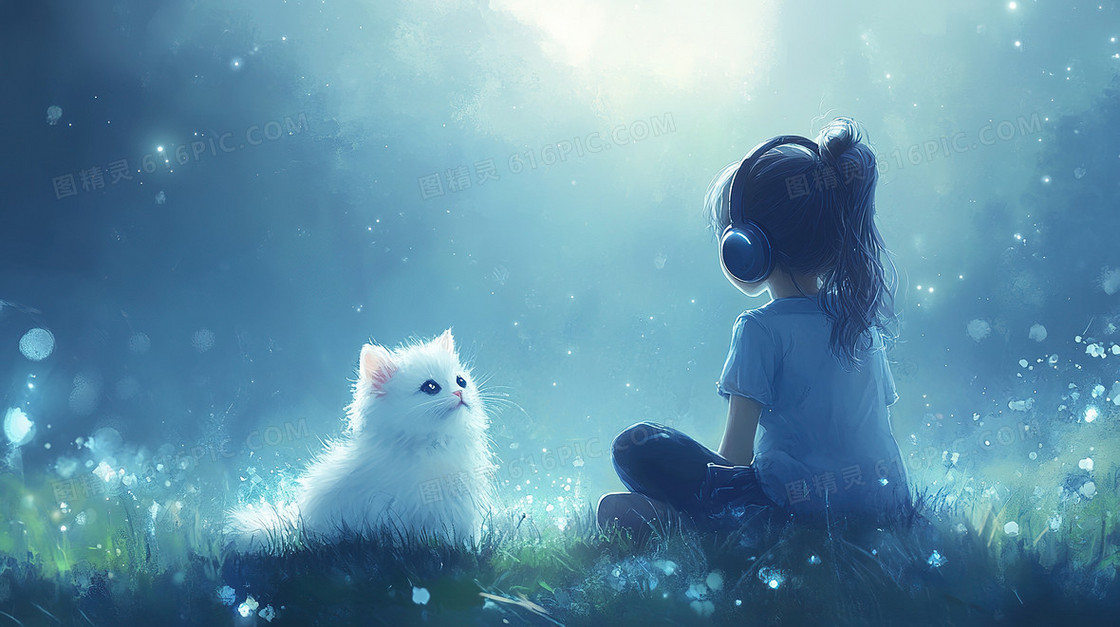蓝色卡通治愈猫咪和女孩背景