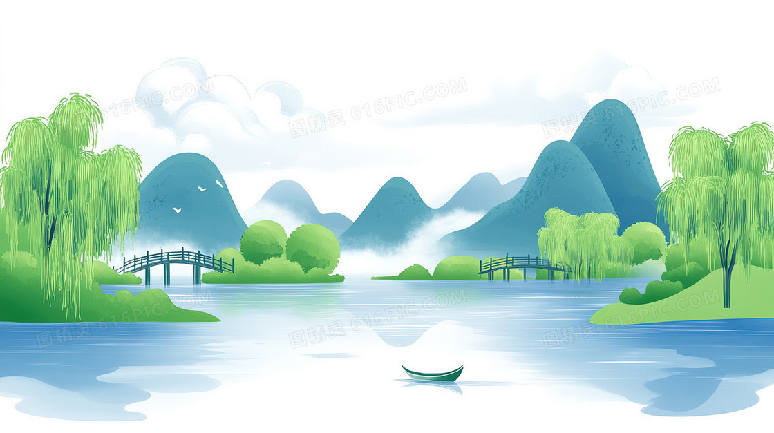 春日湖光山色背景