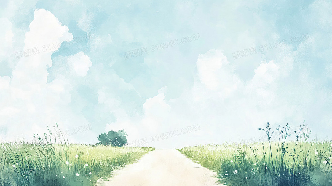 水彩风春天乡村小径背景