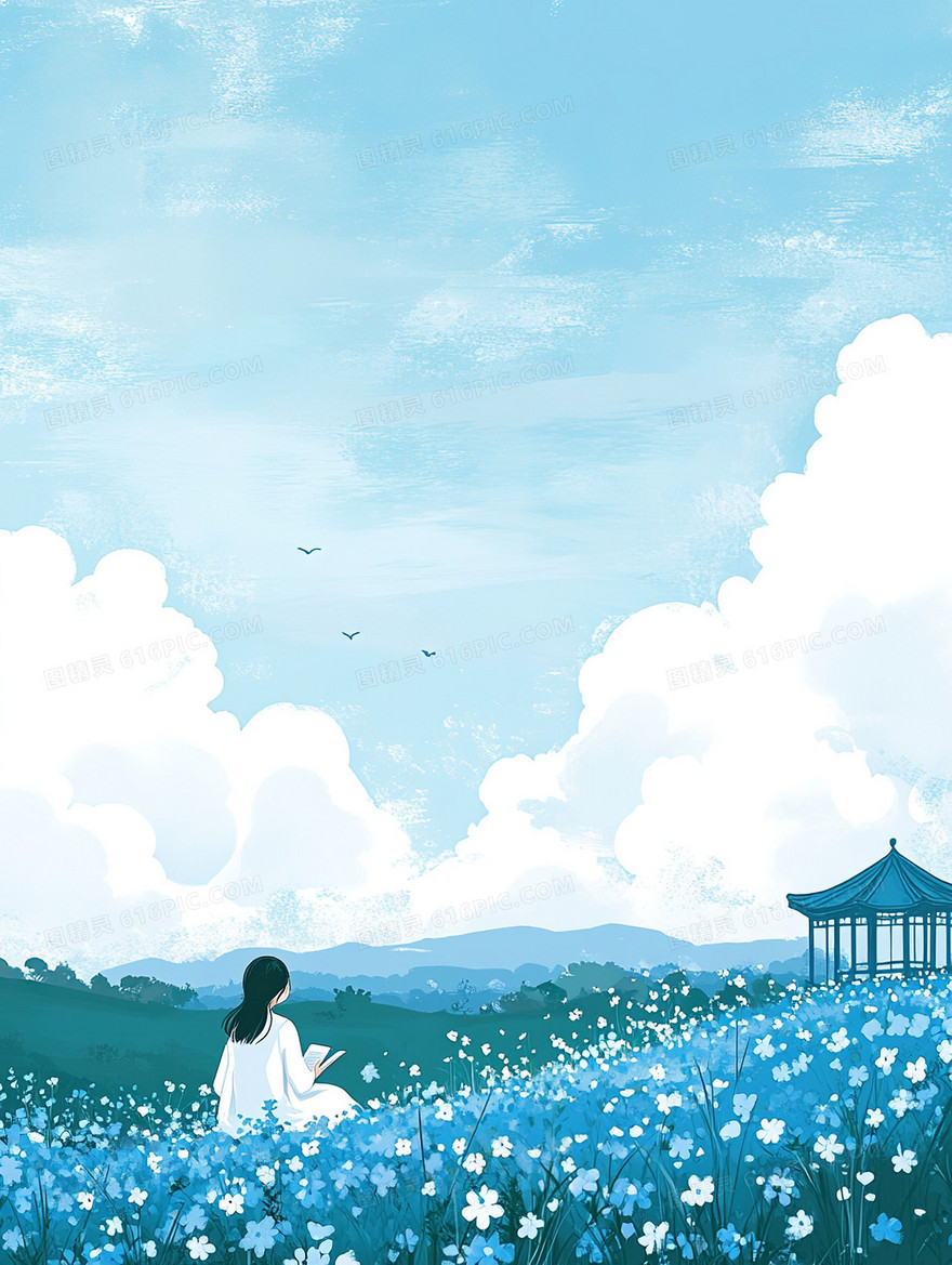 春日蓝天花海背景