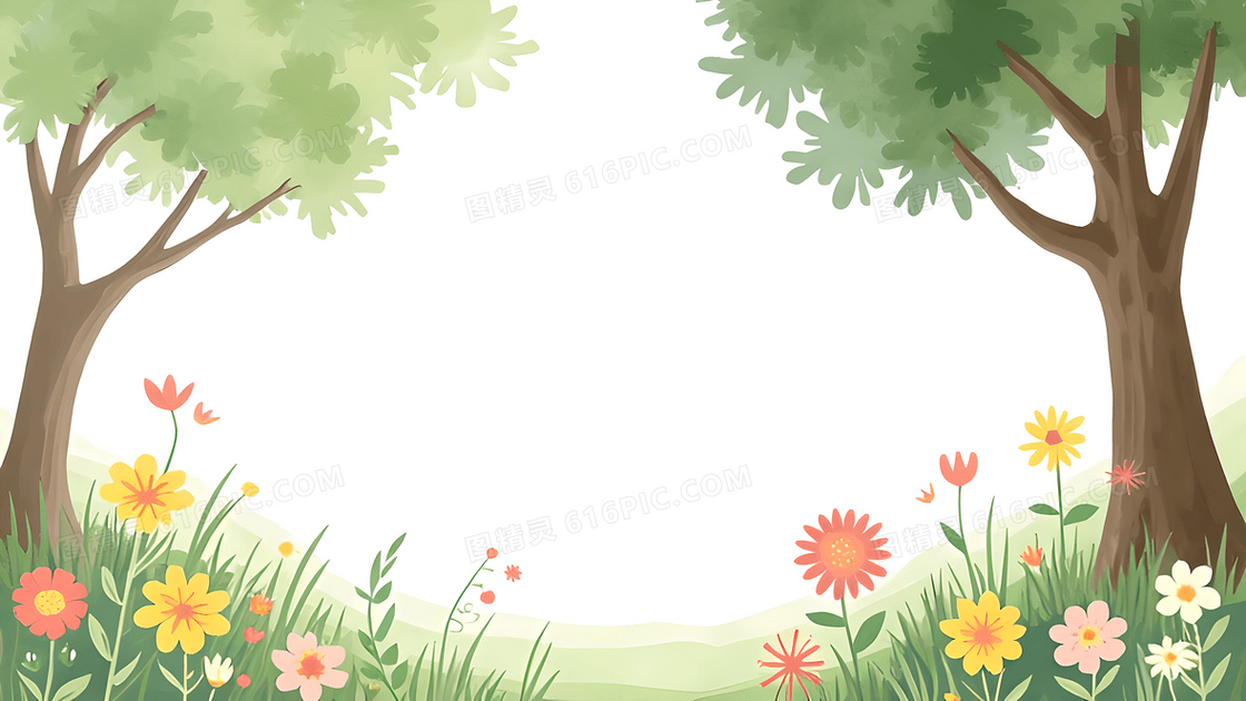 春天鲜花和大树背景