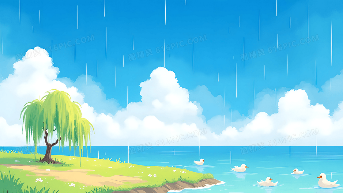 春雨池塘柳树和水鸟背景