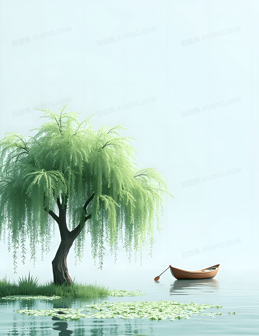 春天河畔柳树和小舟背景